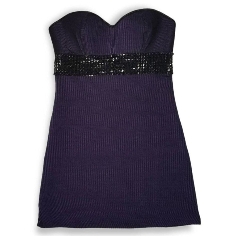 ⚡️Coquette Purple Body Con Fitted Mini Dress Fishnet Overlay Pyramid Stud Punk - Picture 2 of 8